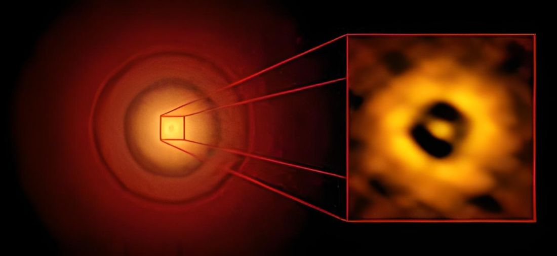 In the protostar TW Hydrae, the separation between the star and the surrounding disk is strikingly apparent.