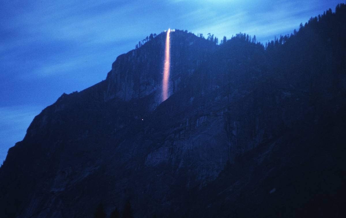 Long-exposure photograph of the Yosemite Firefall taken from the Ahwahnee Meadow