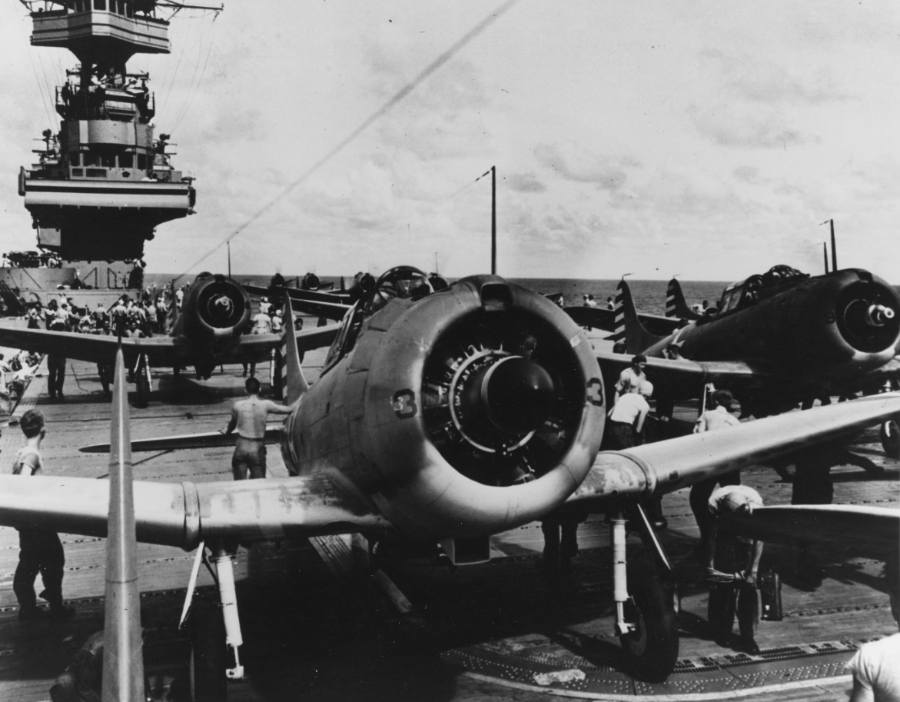 While conducting operations in the Coral Sea in April 1942, the USS Yorktown's (CV-5) Bombing Squadron Five (VB-5) SBD-3 Dauntless scout planes.