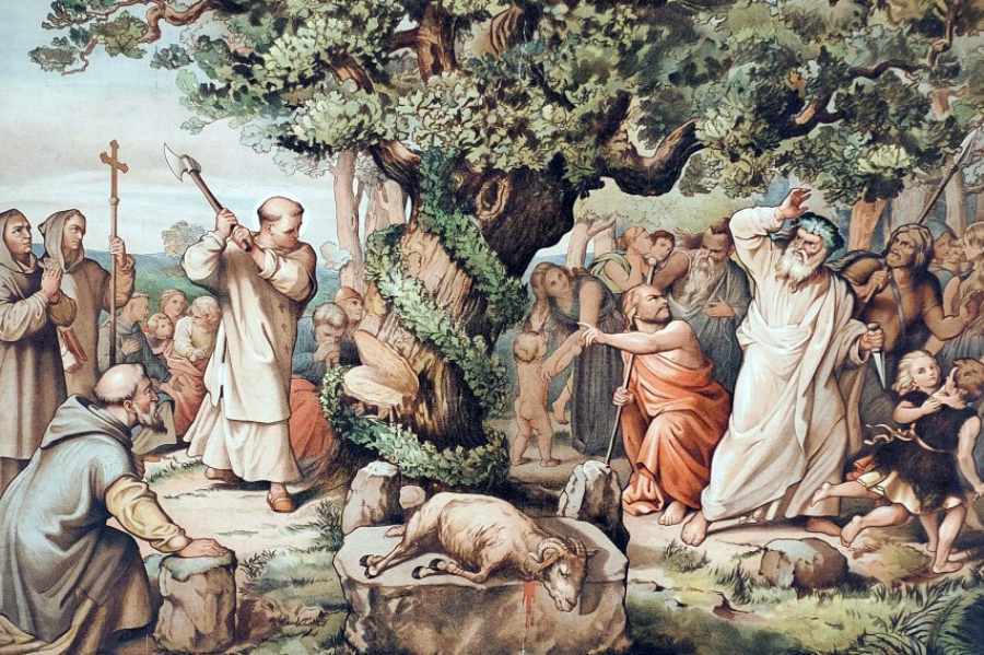 Boniface felling the Donar Oak, painting by Heinrich Maria von Hess in 1834.