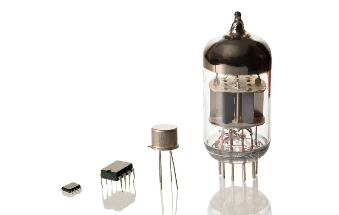 Numerous individual circuits are the foundation of electronics. Today's microchips (left) use transistors (middle) as switches, while earlier designs used bulky vacuum tubes (right).