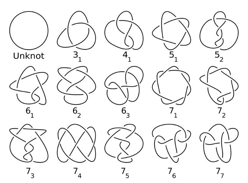 Topologically unique knots are listed in order of increasing numbers of intersections in this table.