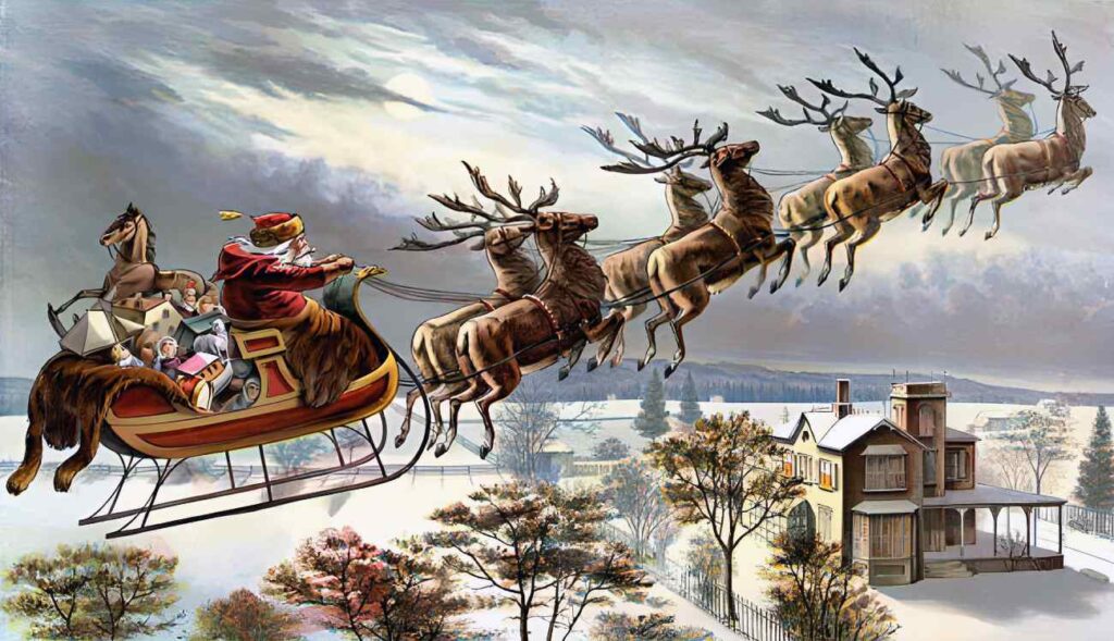 1898 color lithograph of Santa and his flying reindeer.