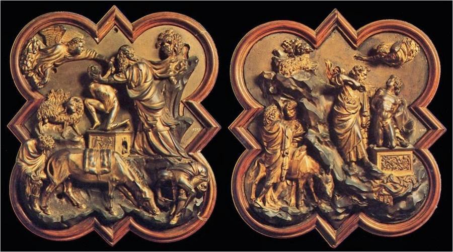  "Binding of Isaac", Lorenzo Ghiberti's work on the right; Filippo Brunelleschi's on the left.