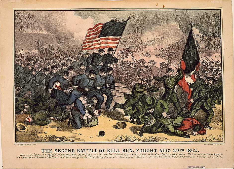 Second Battle of Bull Run, fought Augt. 29th 1862, 1860s lithograph by Currier and Ives.