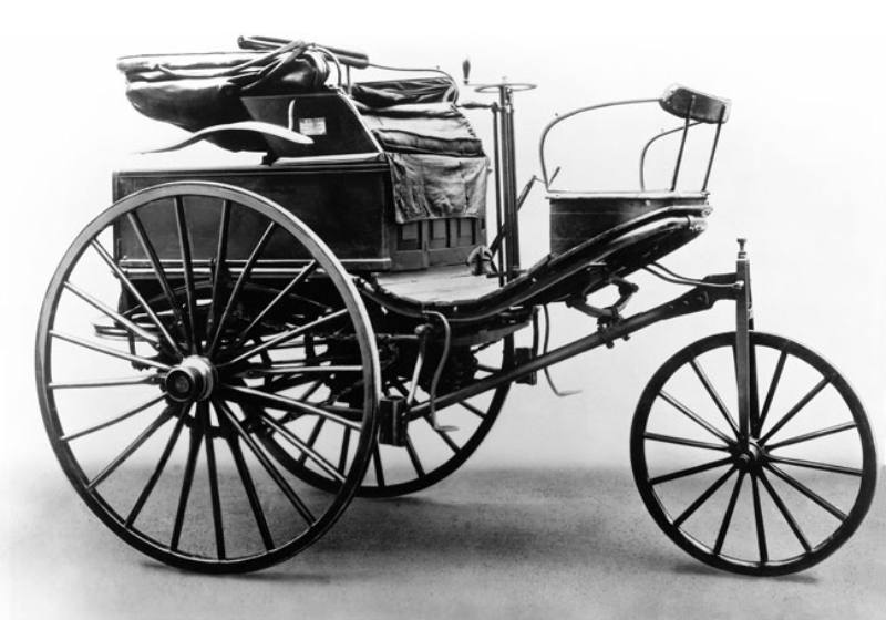 The Benz Patent-Motorwagen Number 3 of 1886, used by Bertha Benz for the highly publicized first long distance road trip, 106 km (66 mi), by automobile