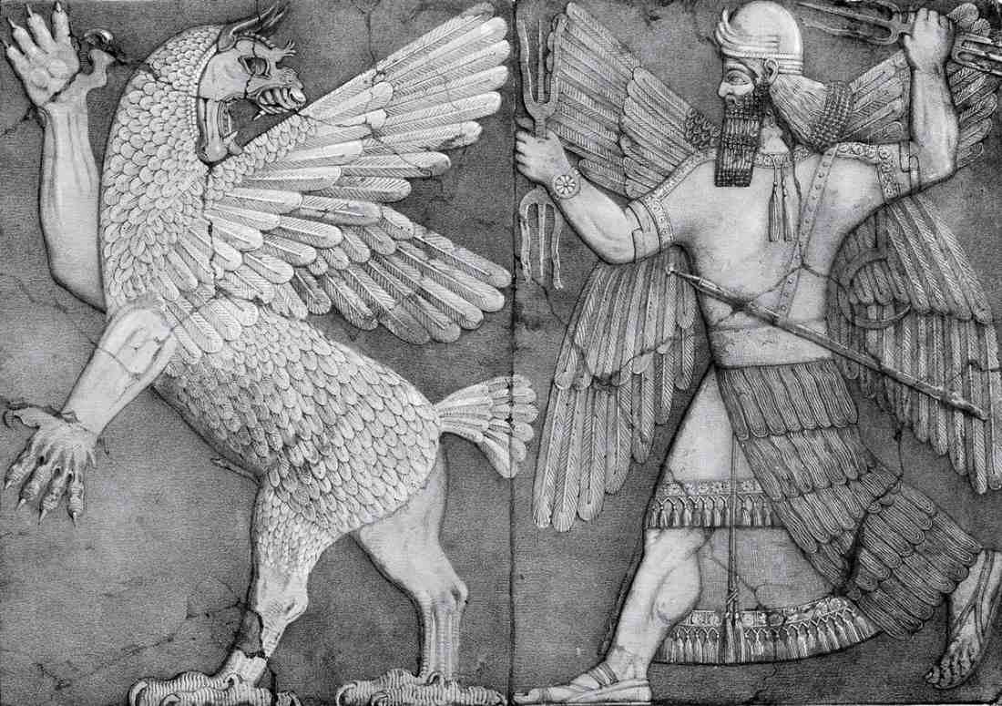 Chaos monster and sun god of Mesopotamia. Some accounts describe the scene as Marduk (with thunderbolt) battling Tiamat (Bel-Merodach).