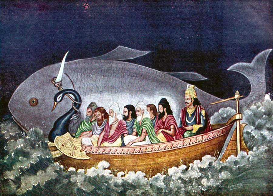 Manu and the flood myth in Hinduism. Matsya saves Vaivasvata Manu and the Seven Sages from the almighty deluge.