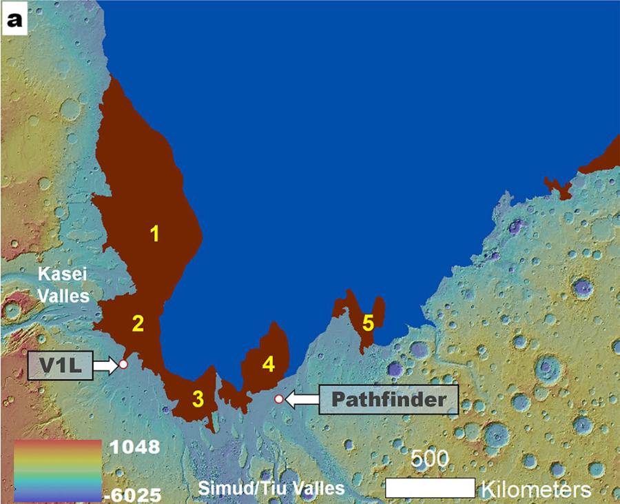 The extent of the oceans (blue) and regions hit by the megatsunami (red) 3.4 billion years ago.