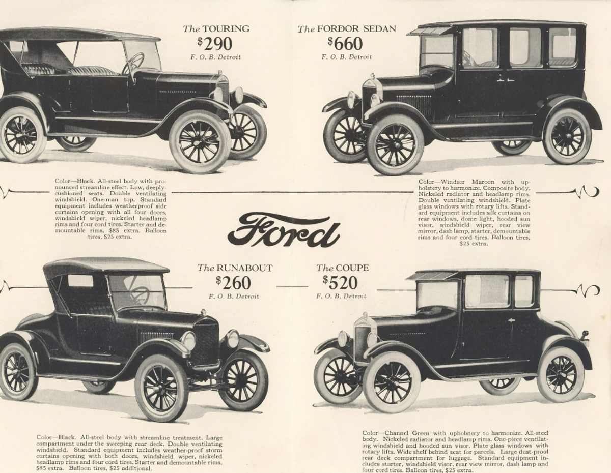 The Model T also established a standard by which modern automobiles are still constructed: the use of a chassis which allowed variety of body styles. It didn't take long for the Model T to be offered in different body styles, including the Touring, Roadster, Fordor, Coupe, and Sedan.