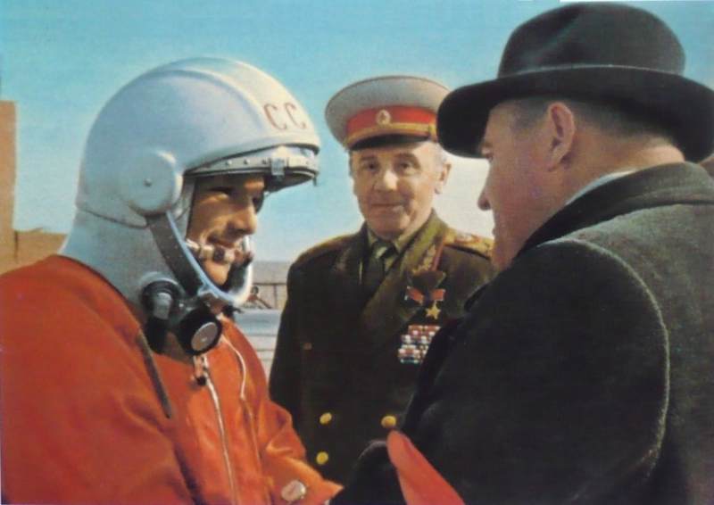 Sergey Korolev, head of the Soviet space program, briefs Yuri Gagarin on the last procedures before the historic launch from Baikonur.