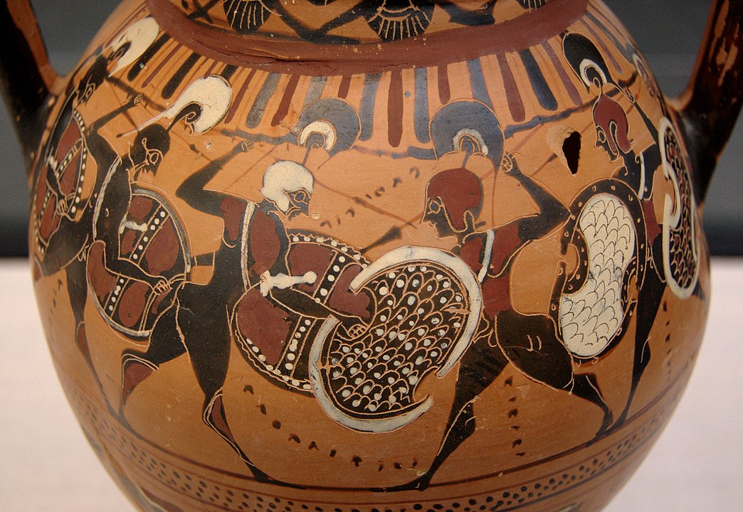 Phalanx fighting on a black-figure amphora, c. 560 BC. 