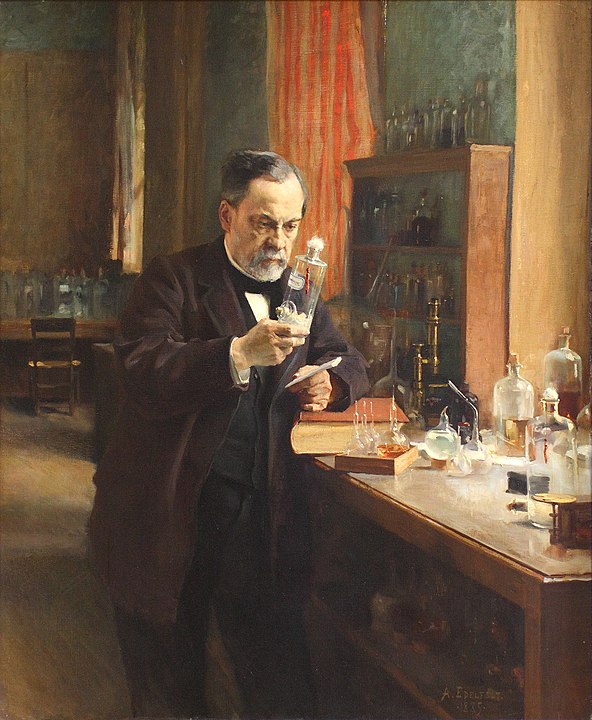 Louis Pasteur in his laboratory, painting by A. Edelfeldt in 1885.