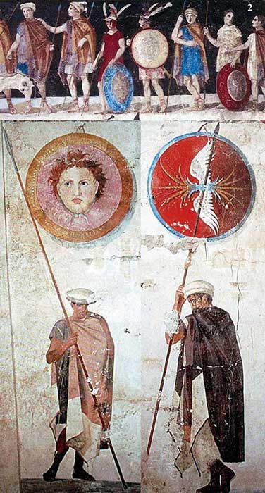 Paintings of Ancient Macedonian soldiers, arms, and armaments, from the tomb of Agios Athanasios