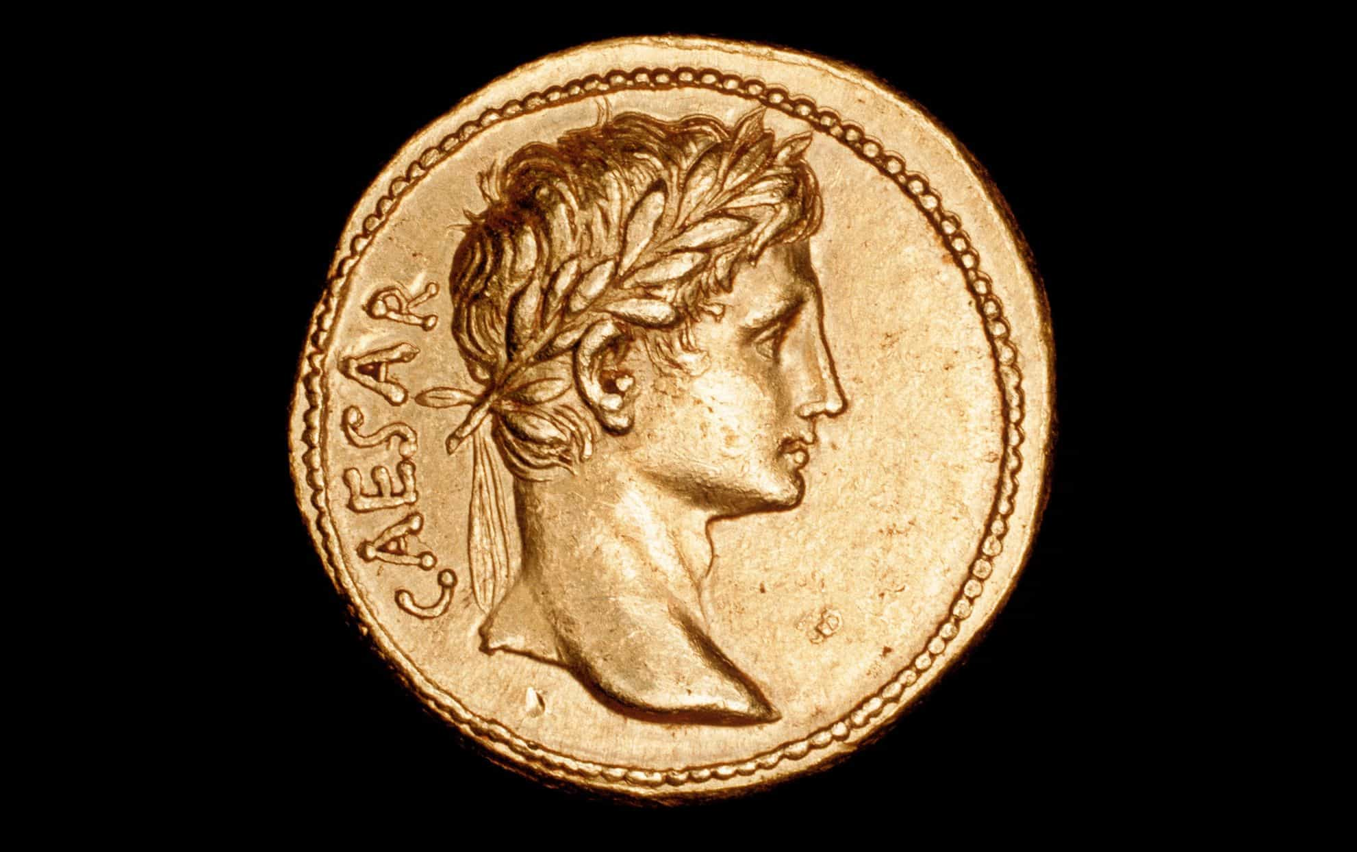 Augustus Caesar Net Worth: A Roman coin depicting Augustus Caesar (27--18 BC).