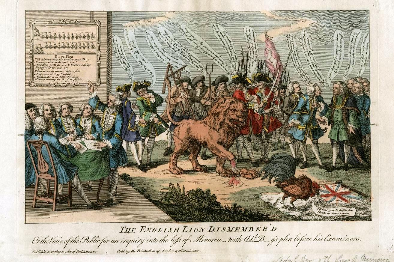 "The English Lion dismembered". Cartoon English after the defeat of the Royal Navy at Menorca.