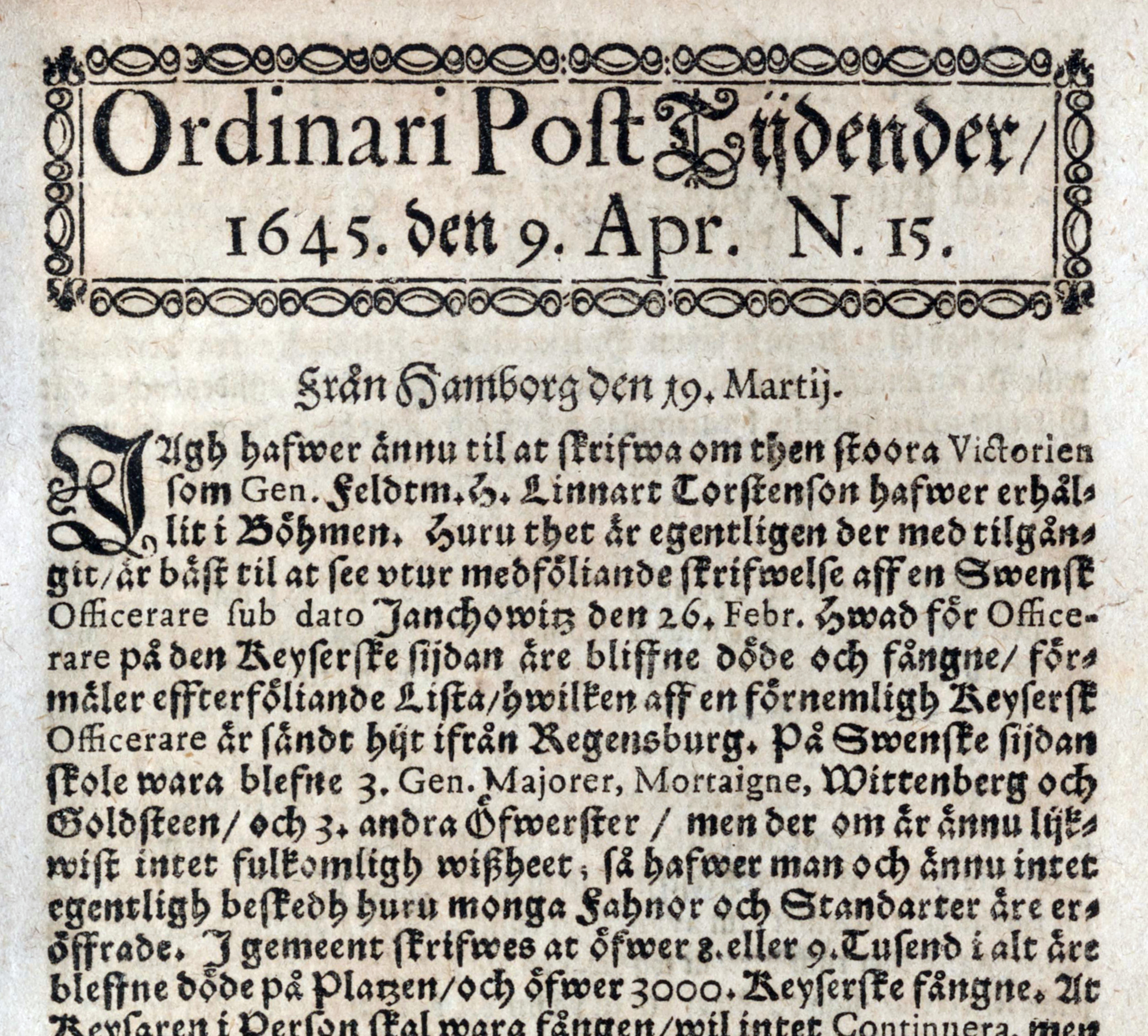 Post- och Inrikes Tidningar no 15, 9 April 1645.
