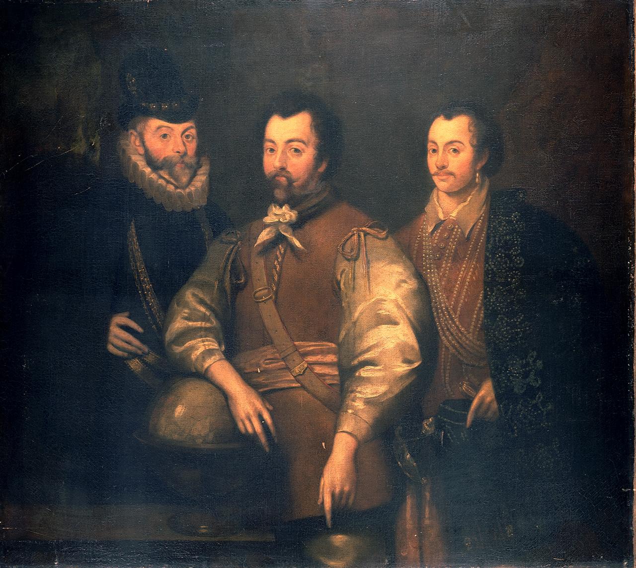 Sir John Hawkins (left) with Sir Francis Drake (centre) and Sir Thomas Cavendish.