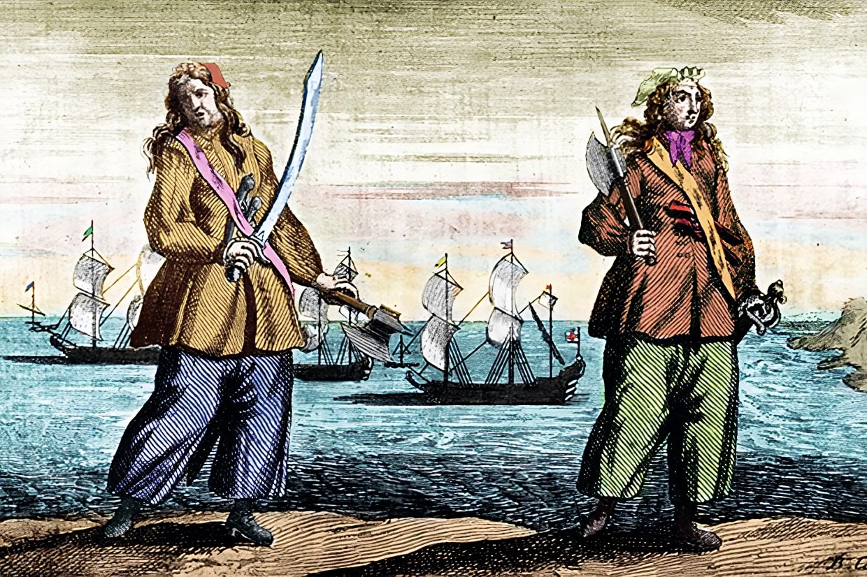 Anne Bonny and Mary Read. An engraving from the book "A General History of the Pyrates" 1724.