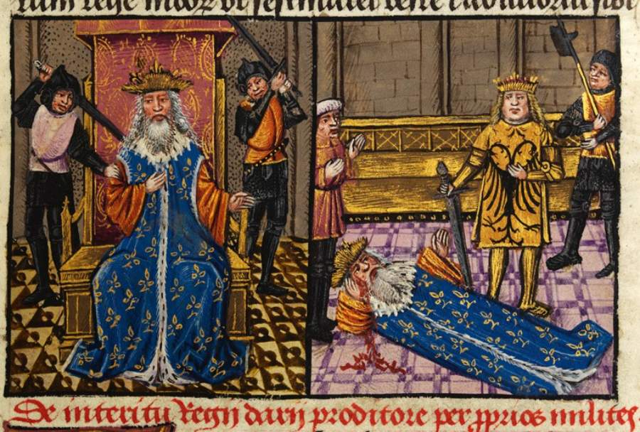 A 15th-century manuscript depicts Darius' murder and Alexander's presence at the dying king with his short stature.