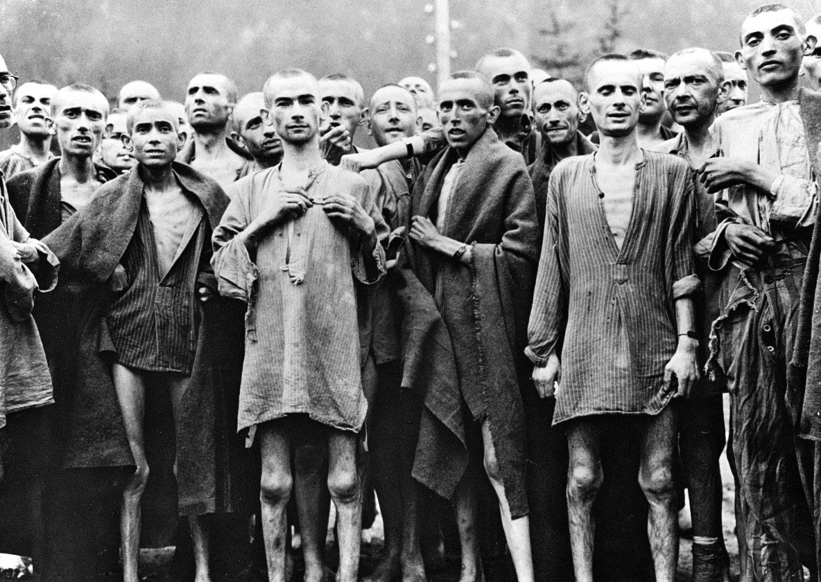 Liberated prisoners at the Nazi concentration camp in Ebensee, Austria.
