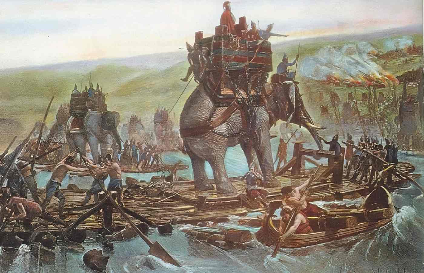 Hannibal crossing the Rhone with war elephants. 