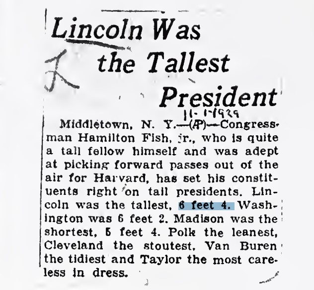 "Lincoln Was the Tallest President", 1929.