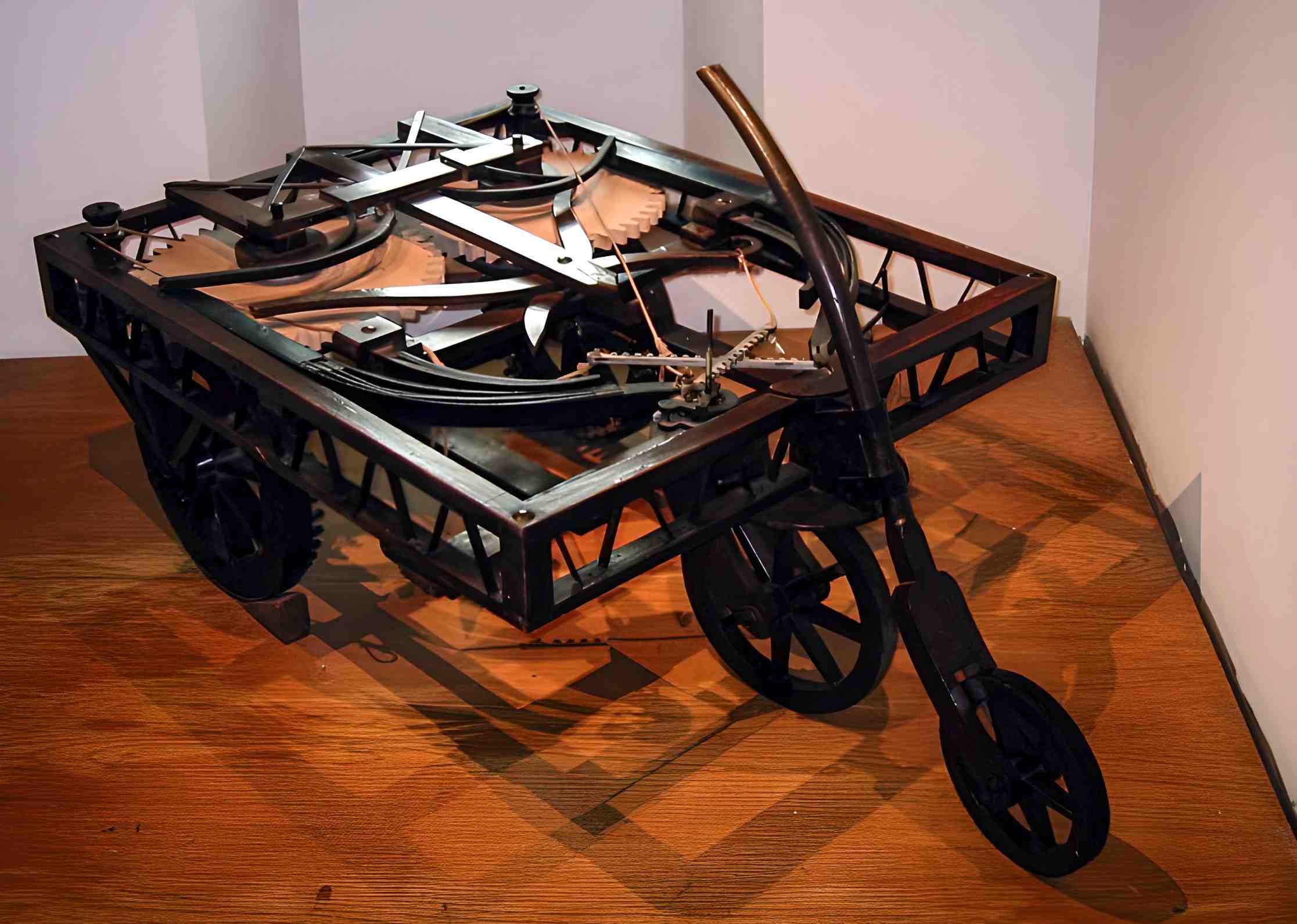 Leonardo da Vinci's self-propelled cart replica at museum Clos Lucé.