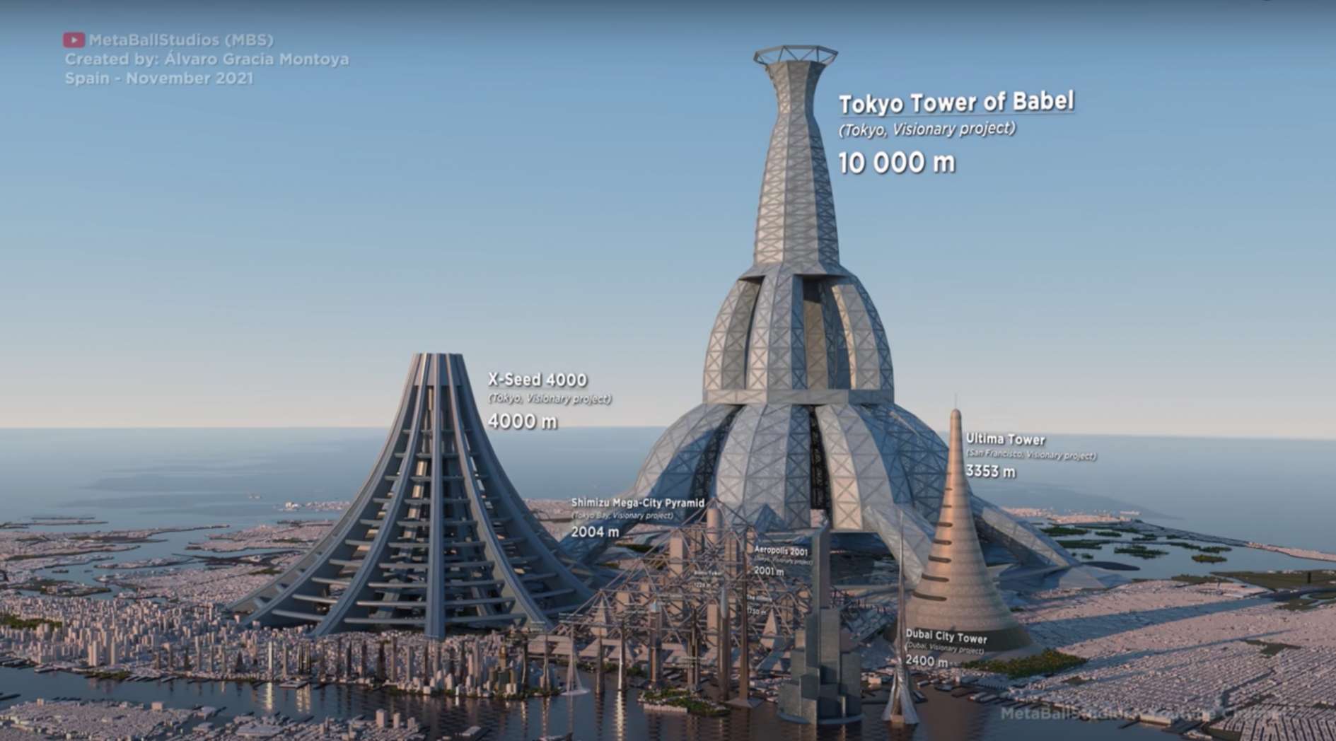 X-Seed 4000 is next to the tallest buildings ever planned, the Tokyo Tower of Babel, as well as the Ultima Tower of San Francisco.