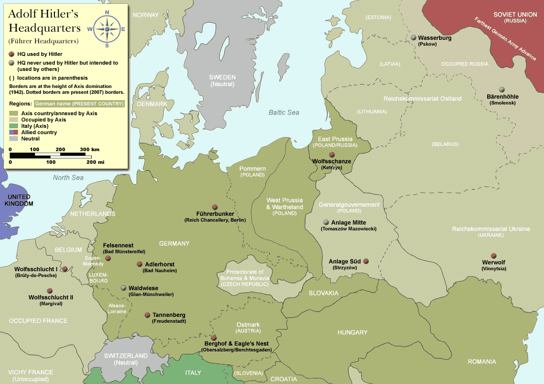 Location of the Berghof and other Führer headquarters around Europe.