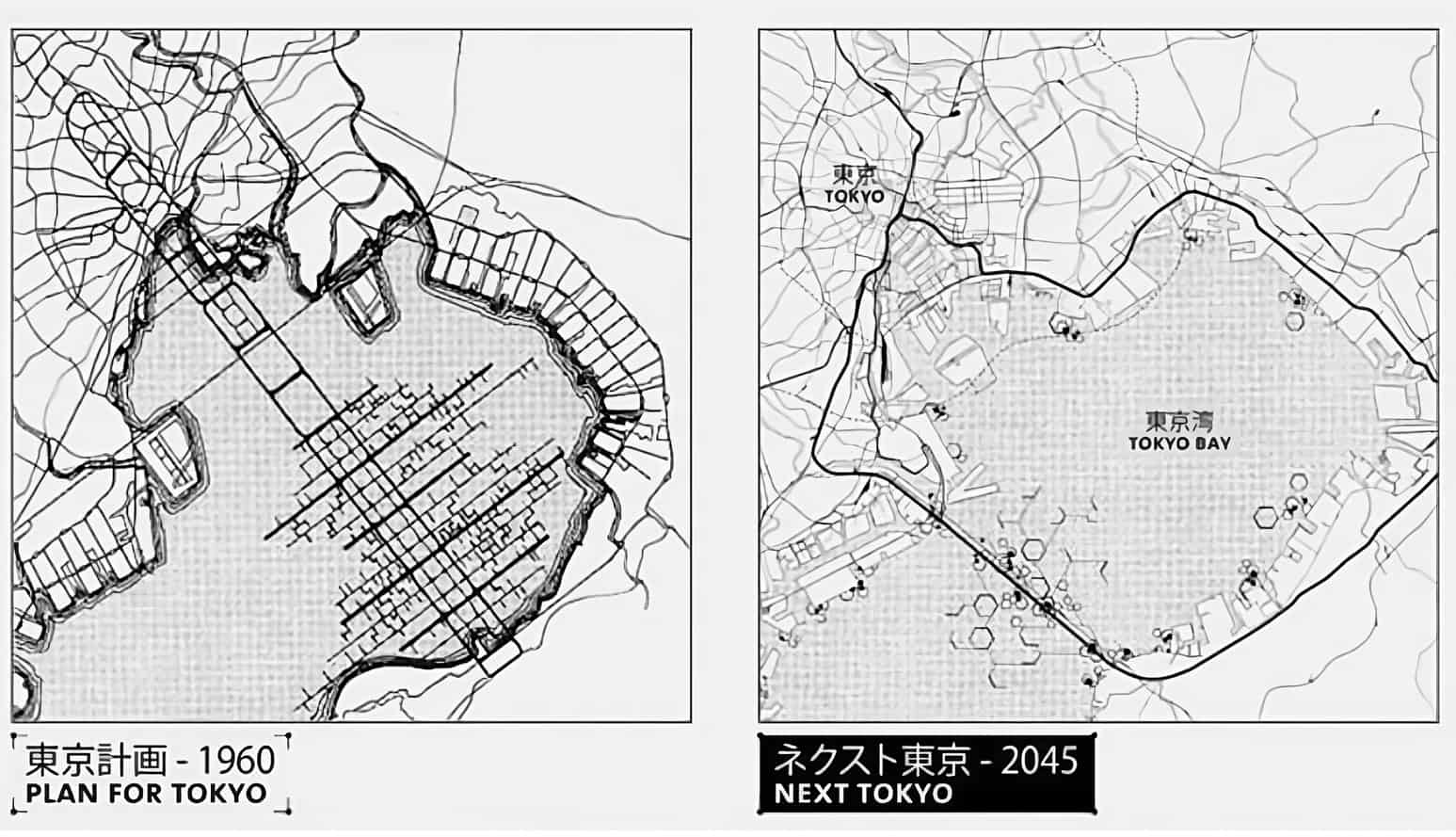 The older bridge-like district plan for Tokyo Bay in 1960 and the current Next Tokyo 2045 plan.