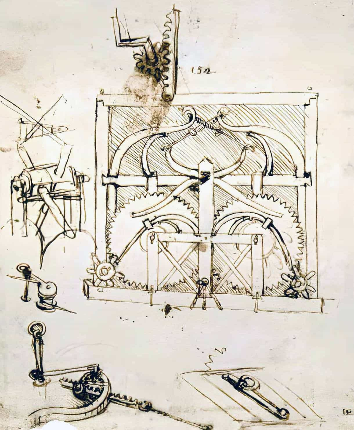 original drawing of da Vinci's 1478 Self-Propelled Cart