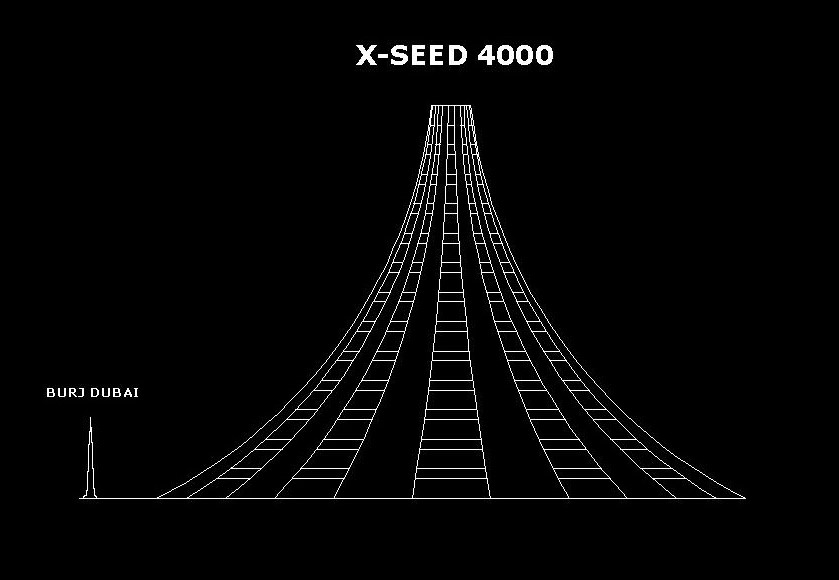 Height comparison between the Burj Dubai (the tallest skyscraper at 828 m or 2716 ft) with the X-Seed 4000.