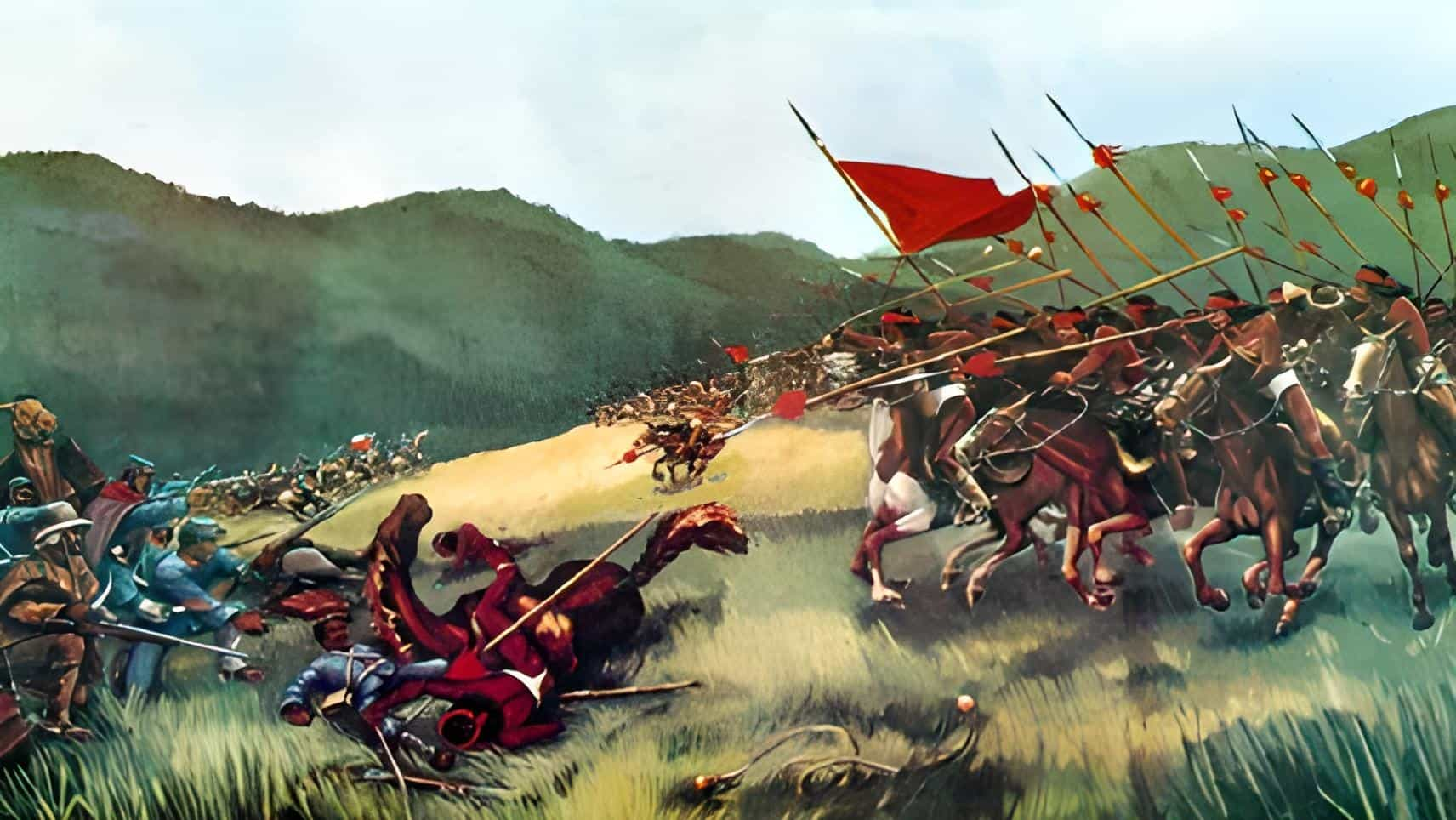 Battle of Quechereguas, 1868. Charge of the Mapuche cavalry, commanded by the cacique Quilapan against the Chilean troops commanded by commander Pedro Lagos. Engraving by Luis Rogers.