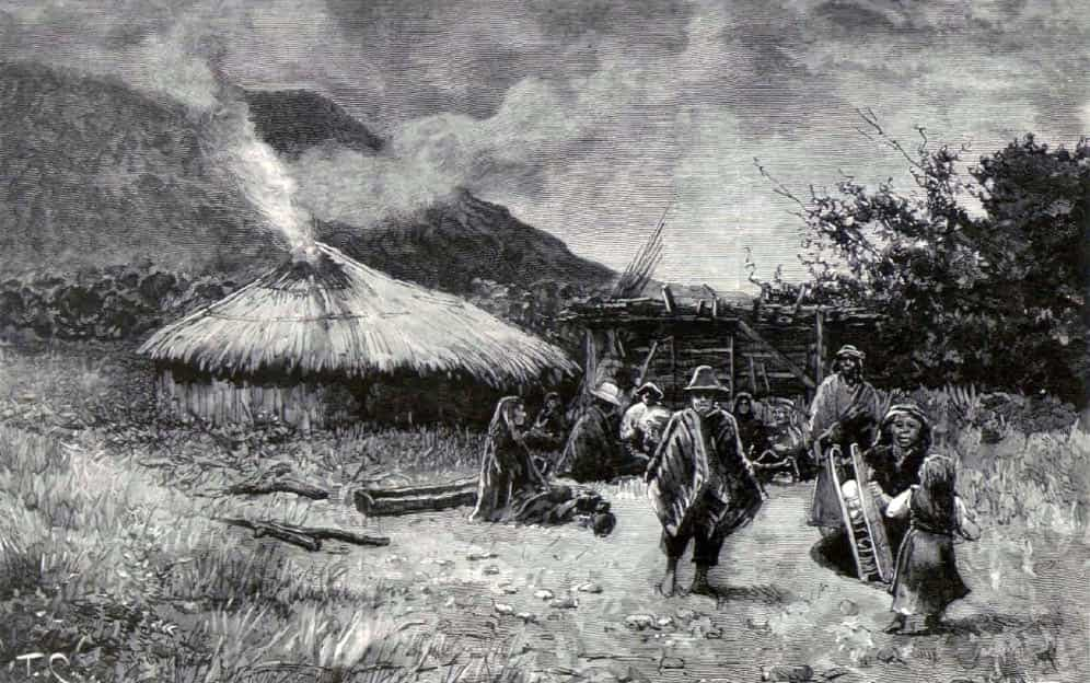 A Mapuche camp, painted according to a photograph in 1886.