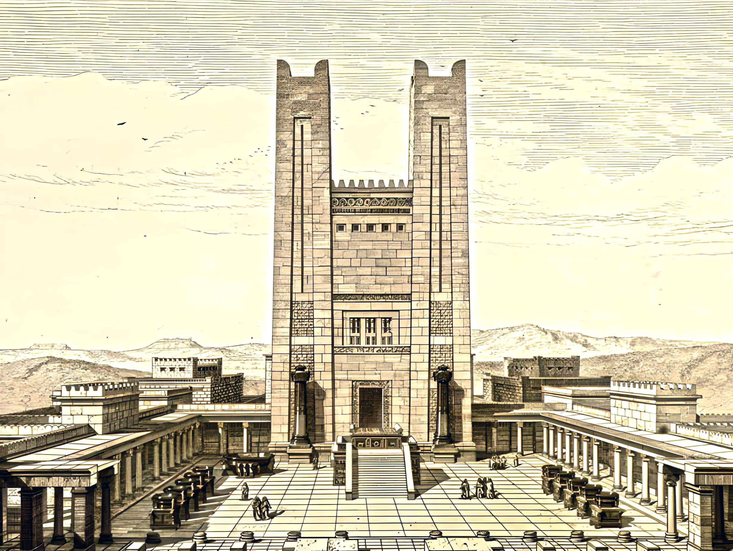 A detailed front view of Solomon's Temple (The First Temple).