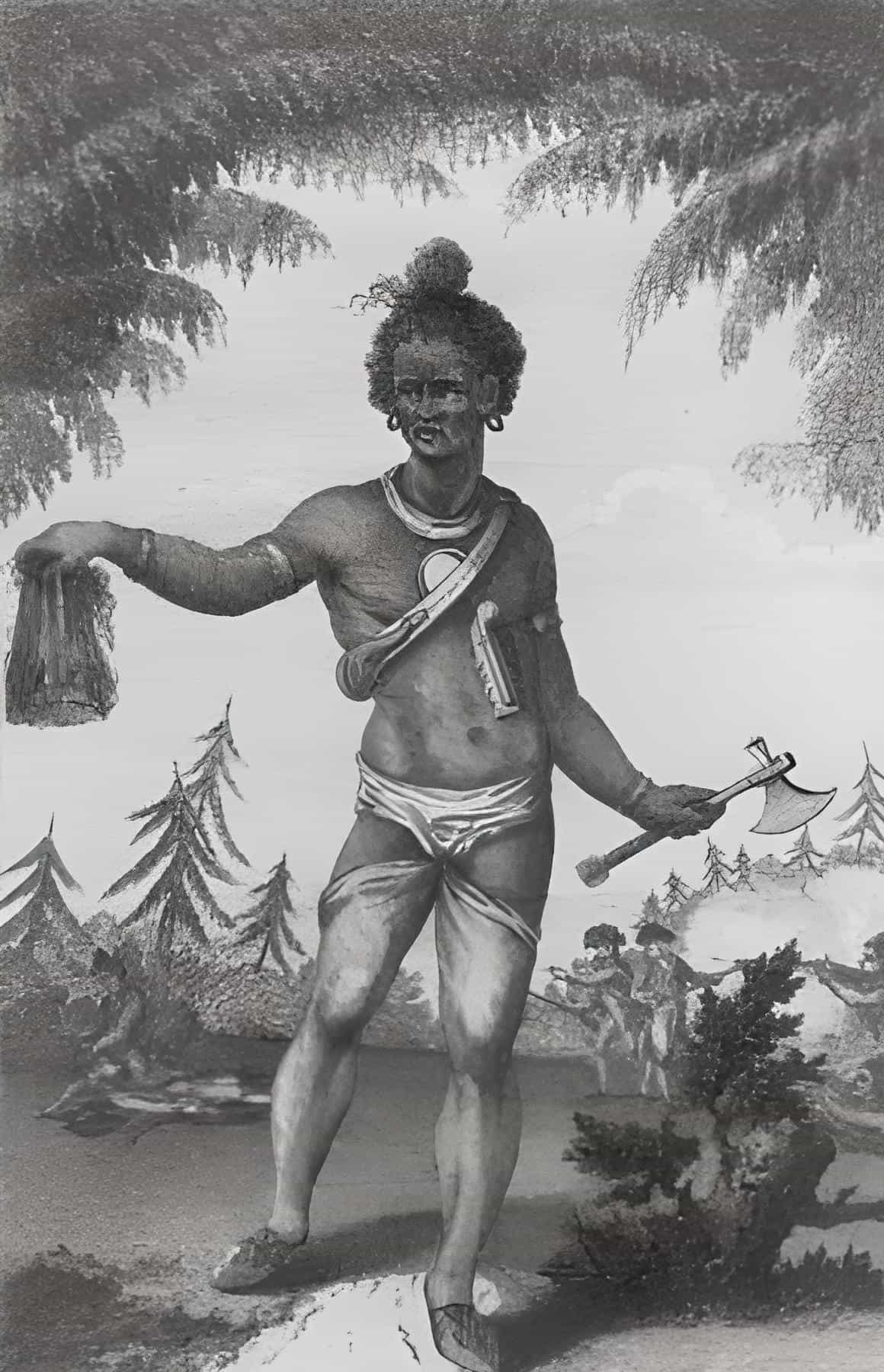 A depiction of a Native warrior carrying a scalp into his wigwam. From Thomas Anburey's Travels Through the Interior Parts of America: In a Series of Letters (1789).