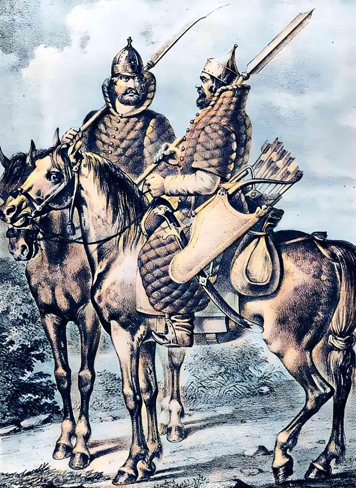 A Rus cavalry wielding a sovnya on horseback