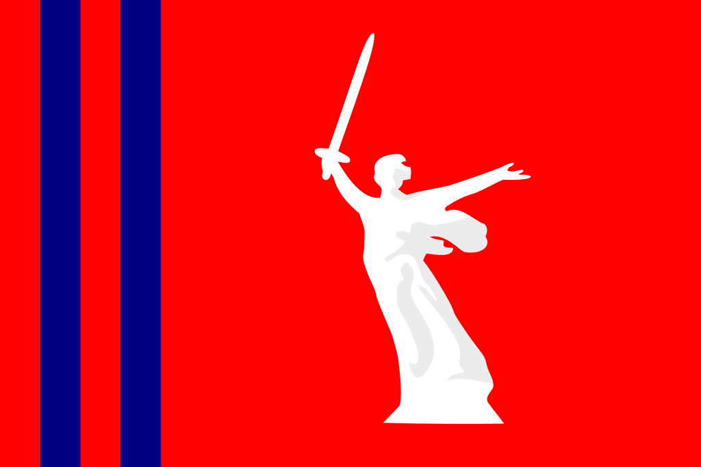 The flag of Volgograd Oblast with the Motherland Calls Statue.