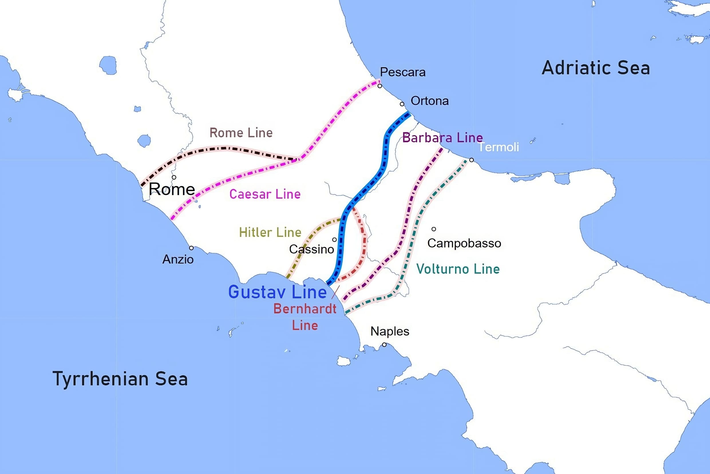 The map of the Gustav Line and other defensive lines along the Italian peninsula constructed by the Nazis.