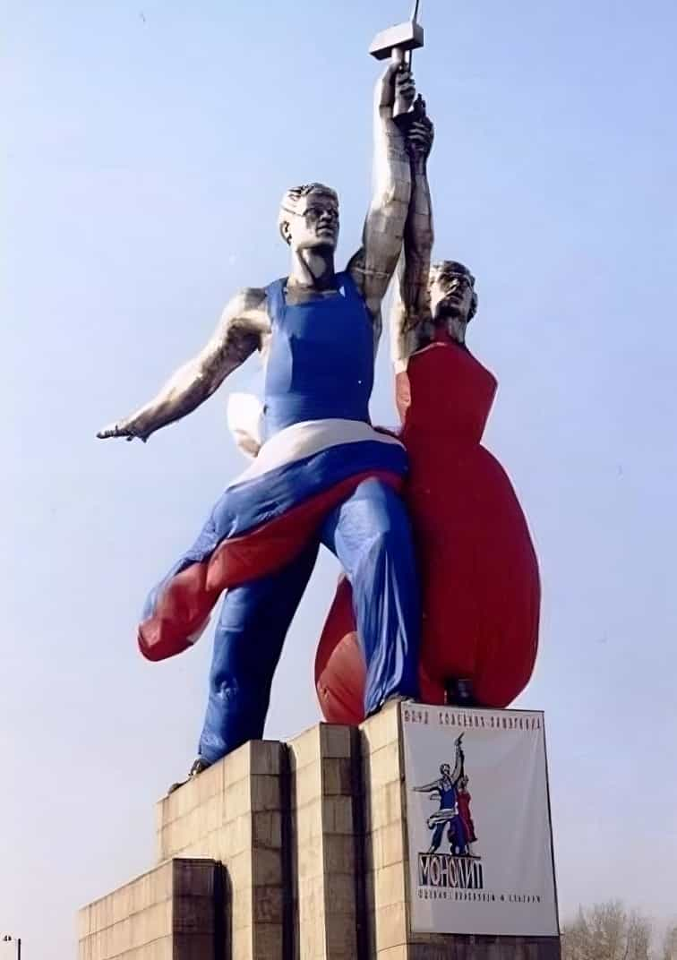 Worker and Kolkhoz Woman dressed in blue and red clothings