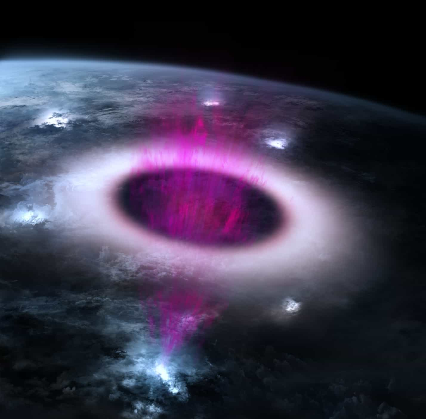 The strong electric field associated with lightning (light blue) results in a terrestrial gamma-ray burst (magenta). The subsequent electromagnetic pulse is what causes ELVES, the widening ring of UV emission (red and white).