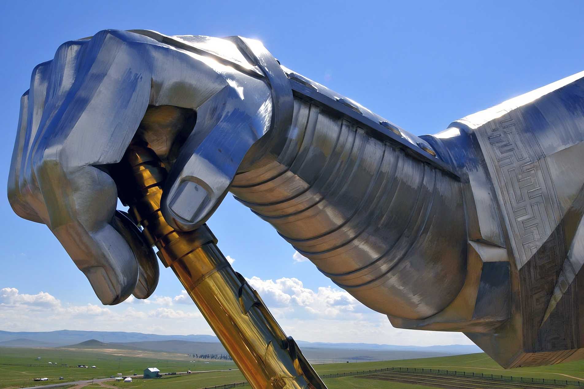 The right hand of the Genghis Khan statue and the golden whip.