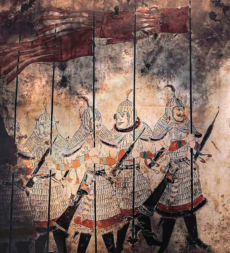 Mural of Tang soldiers. 7th century AD. Archers in heavy armor with quivers on their belt.