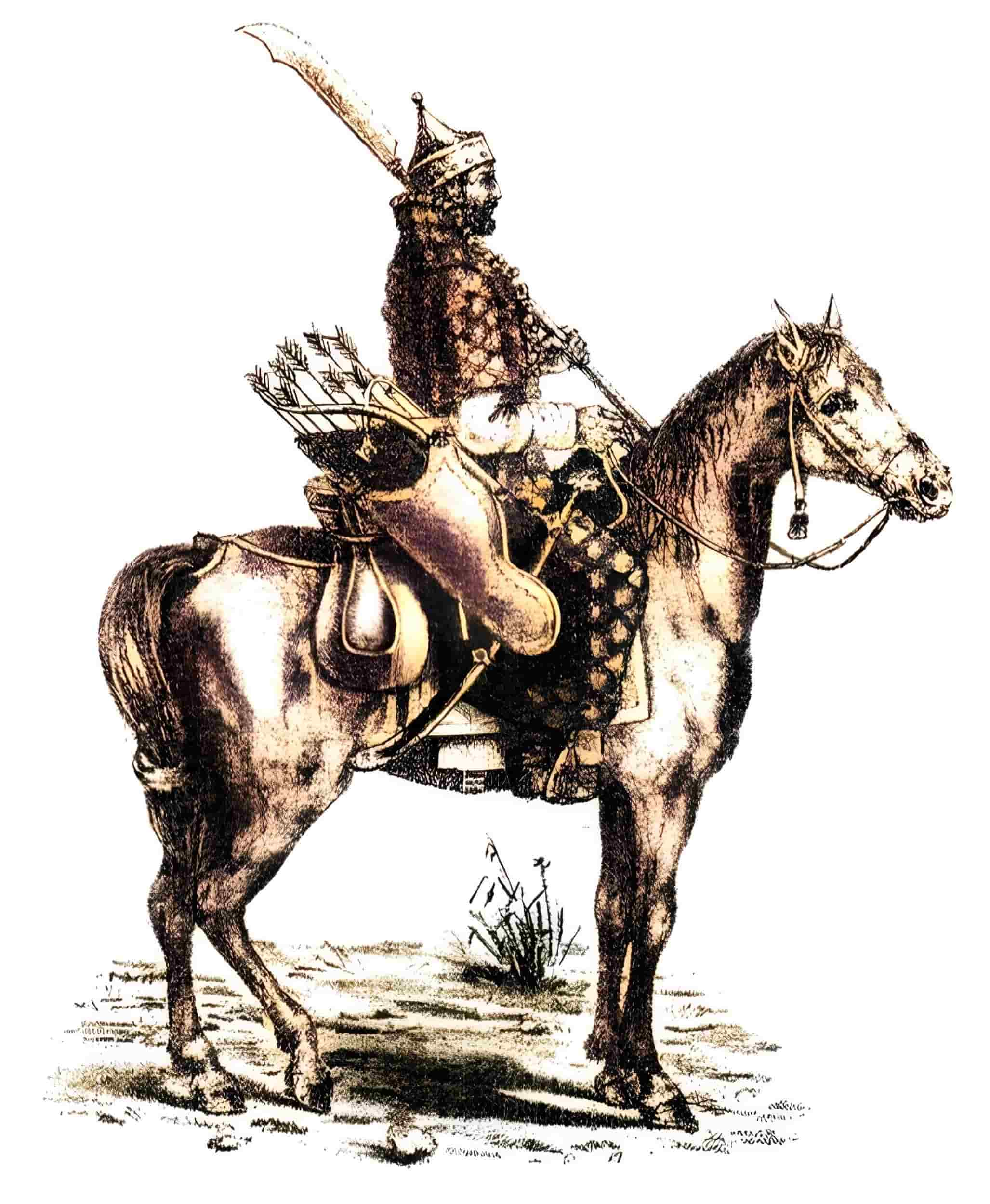 A Rus' or Russian cavalry on horseback wielding a sovnya.