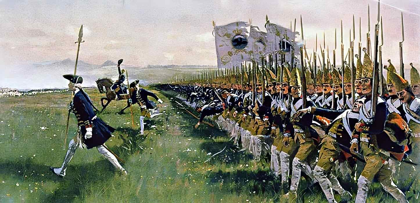 Officers with spontoons ahead of the grenadiers. Carl Röchling's Battle of Hohenfriedeberg painting, Attack of Prussian Infantry, June 4th, 1745, shows the Potsdam Giants Grenadier Guards Batallion.