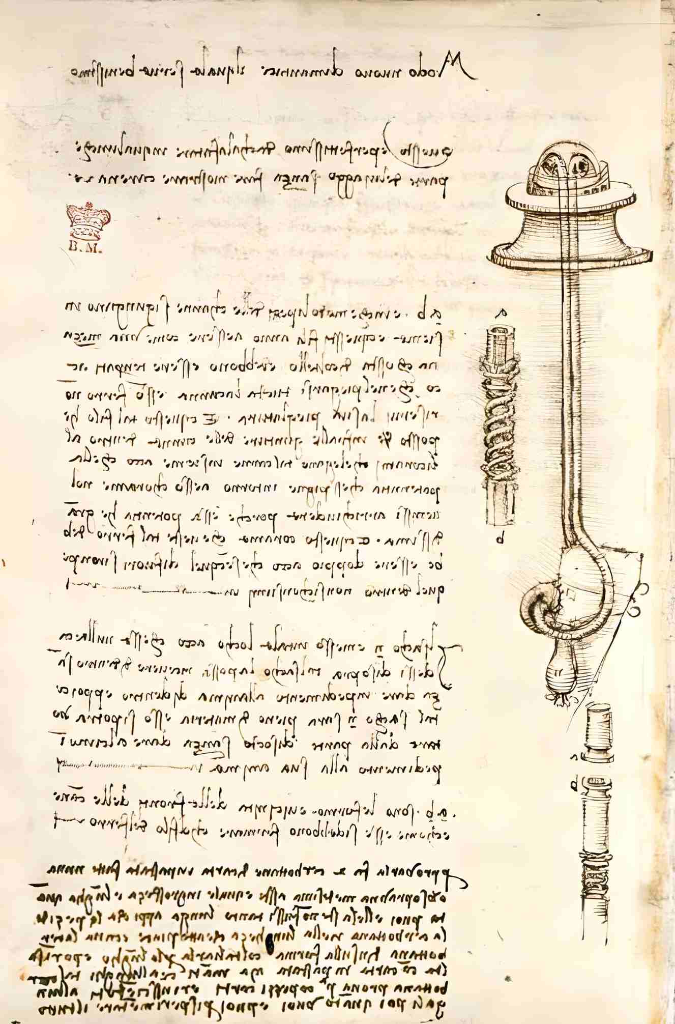 Da Vinci's drawings of scuba gear, from the Codex Arundel.