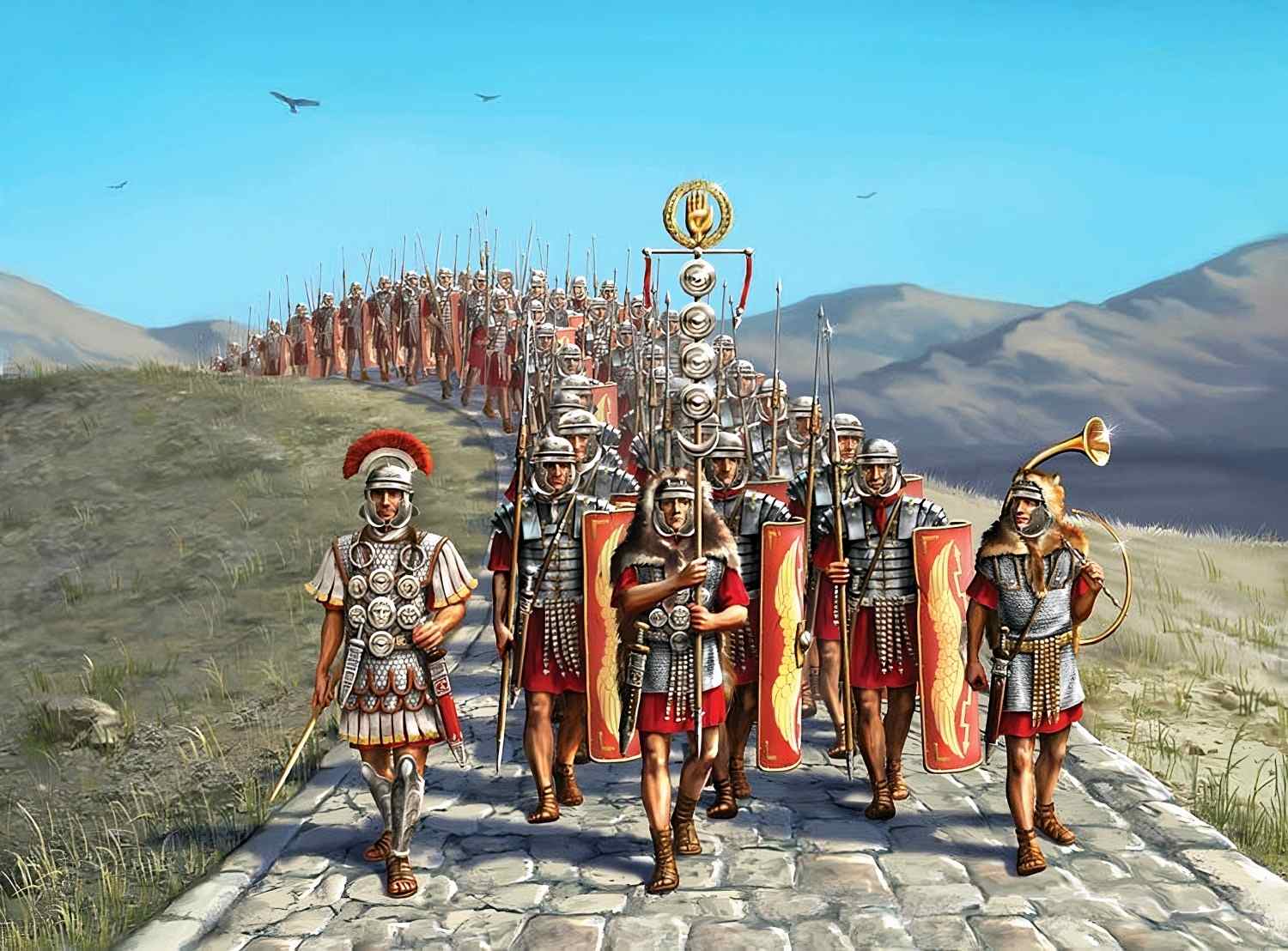 roman legion army foot soldiers carrying a banner