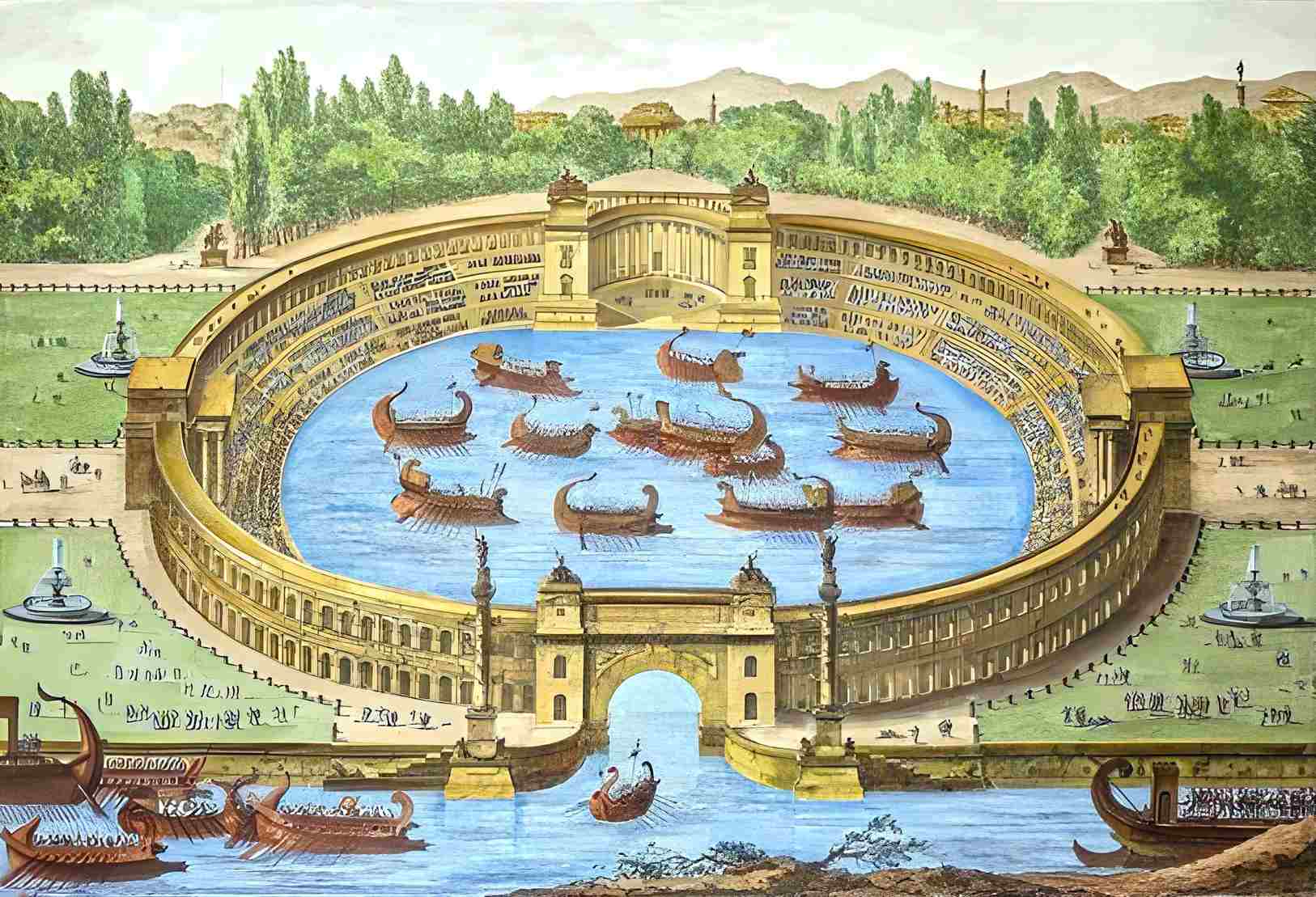 simulated battle in ancient rome with a water-filled arena and floating warships