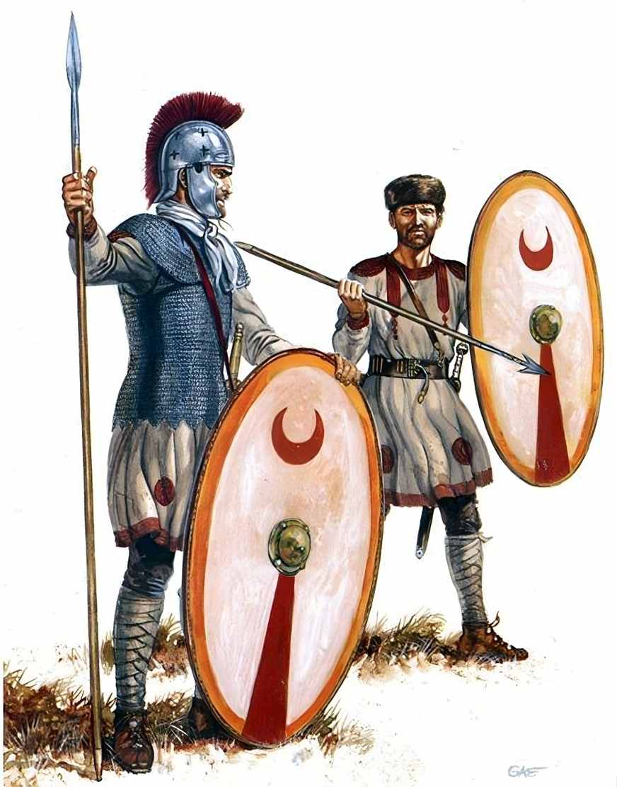 soldiers with spears and shields with shield bosses (umbos)